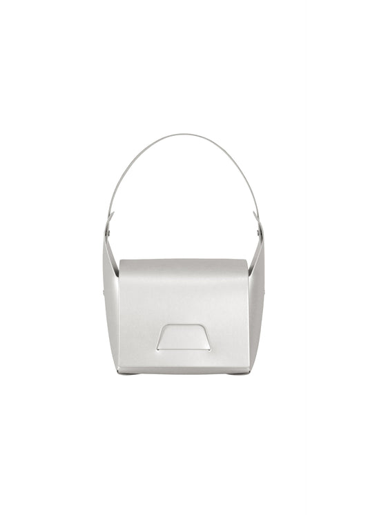 A product shot of the GOOD GOODS ISSEY MIYAKE BOX bag in silver.