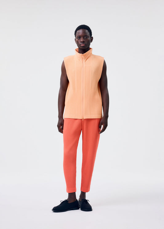 A model wears the Homme Plisse Issey Miyake MONTHLY COLORS APRIL vest.