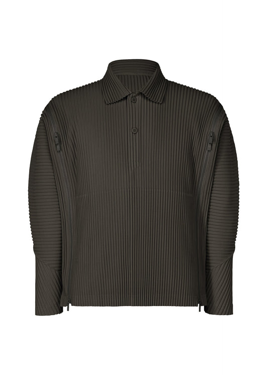 A product shot of the HOMME PLISSÉ ISSEY MIYAKE MULTI-FASTENED polo shirt in pizza scorch brown.
