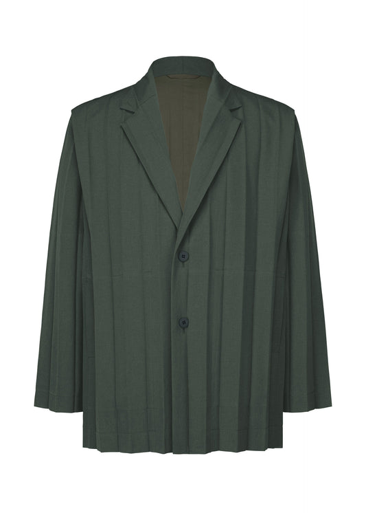 A product shot of the HOMME PLISSÉ ISSEY MIYAKE EDGE ENSEMBLE jacket in dark green.