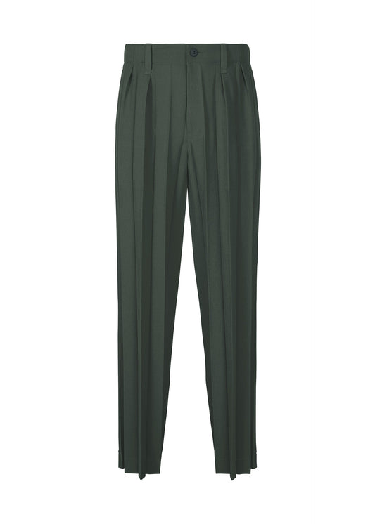 A product shot of the HOMME PLISSÉ ISSEY MIYAKE EDGE ENSEMBLE trousers in dark green.