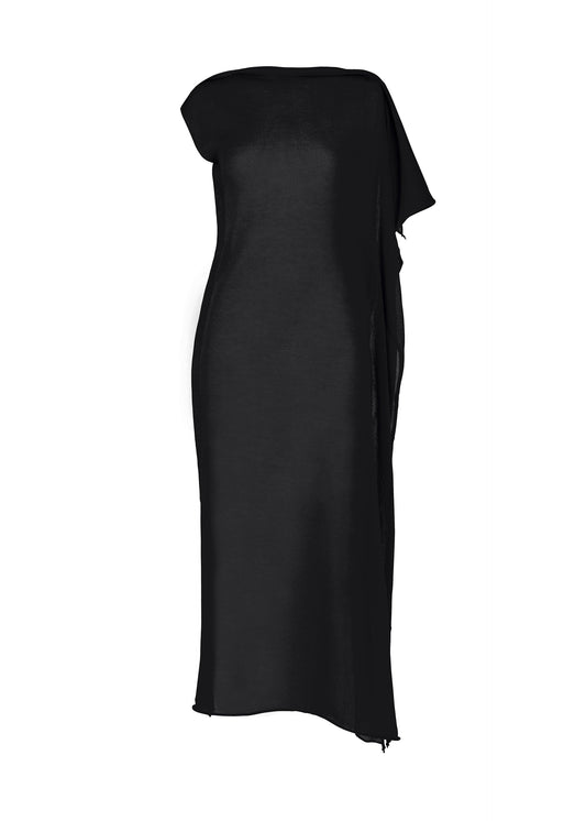 A product shot of the ISSEY MIYAKE CONCEALED KNIT dress in black.