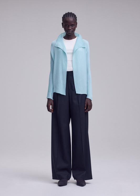 A model wears the ISSEY MIYAKE MISTY PLEATS shirt.