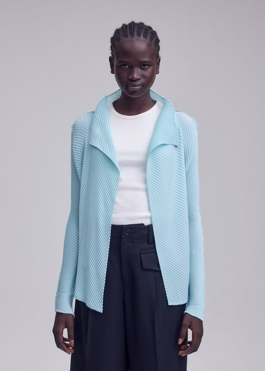 A model wears the ISSEY MIYAKE MISTY PLEATS shirt.