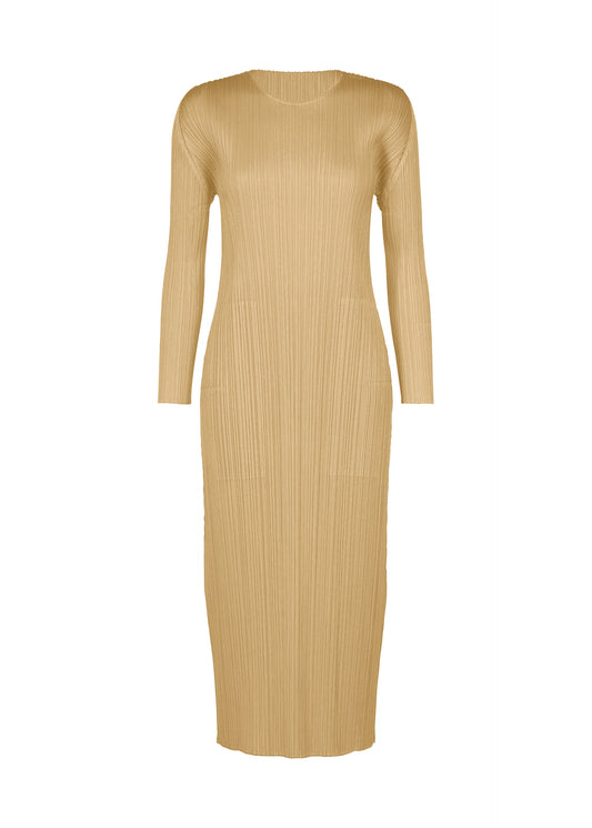 A product shot of the PLEATS PLEASE ISSEY MIYAKE MONTHLY COLORS : OCTOBER dress in ash beige.