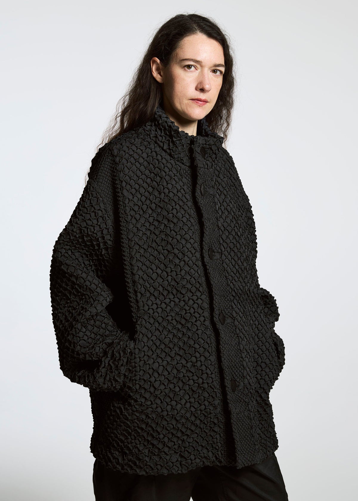 A model wears the A-Poc Able Issey Miyake TYPE O 011 blouson.