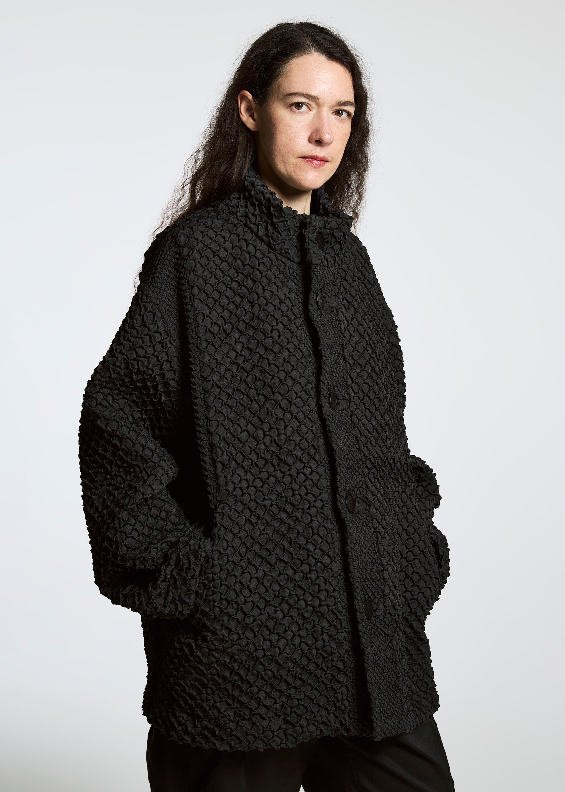 A model wears the A-Poc Able Issey Miyake TYPE O 011 blouson.