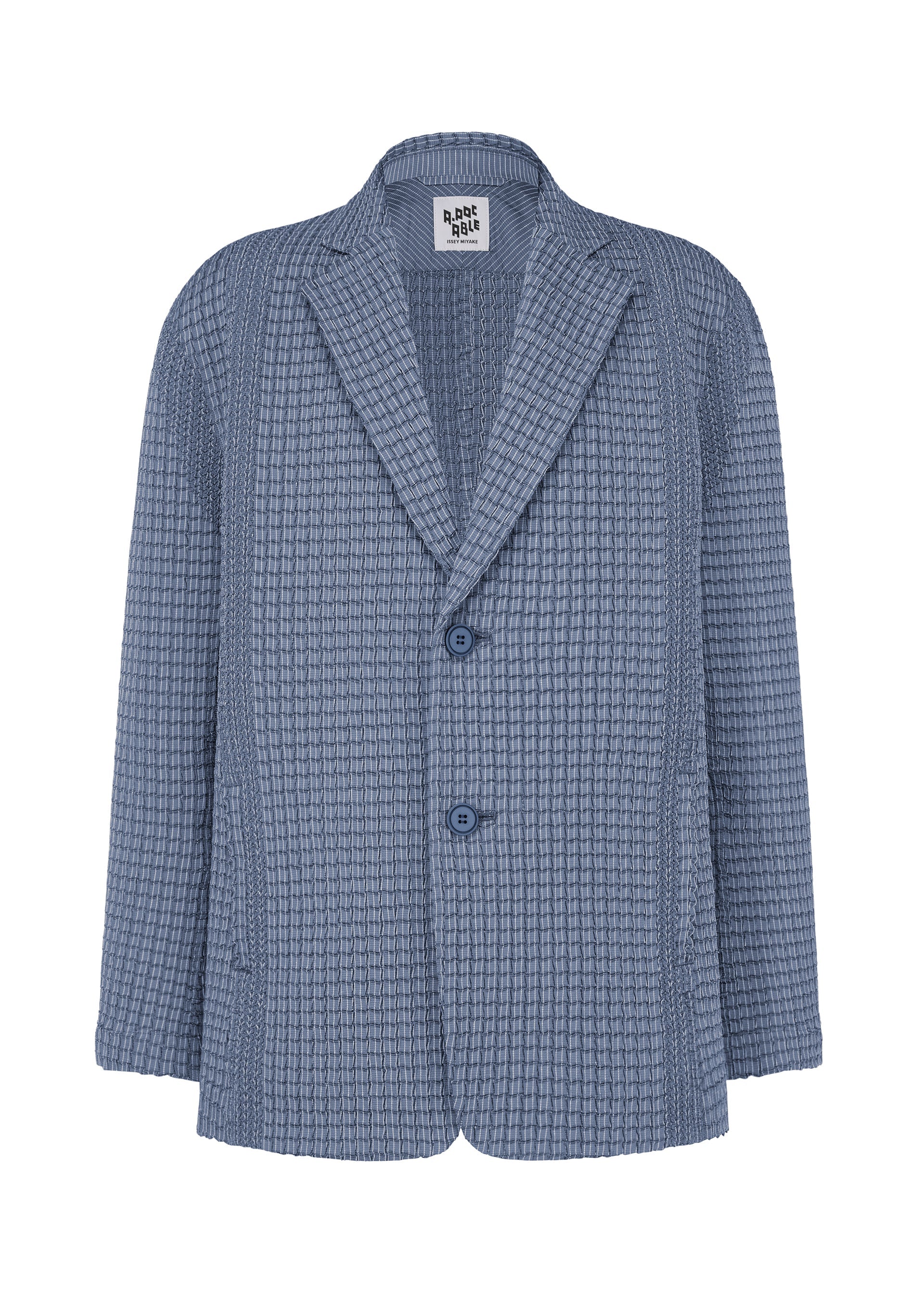 A product shot of the A-POC ABLE ISSEY MIYAKE TYPE-O 014 jacket in steel blue.