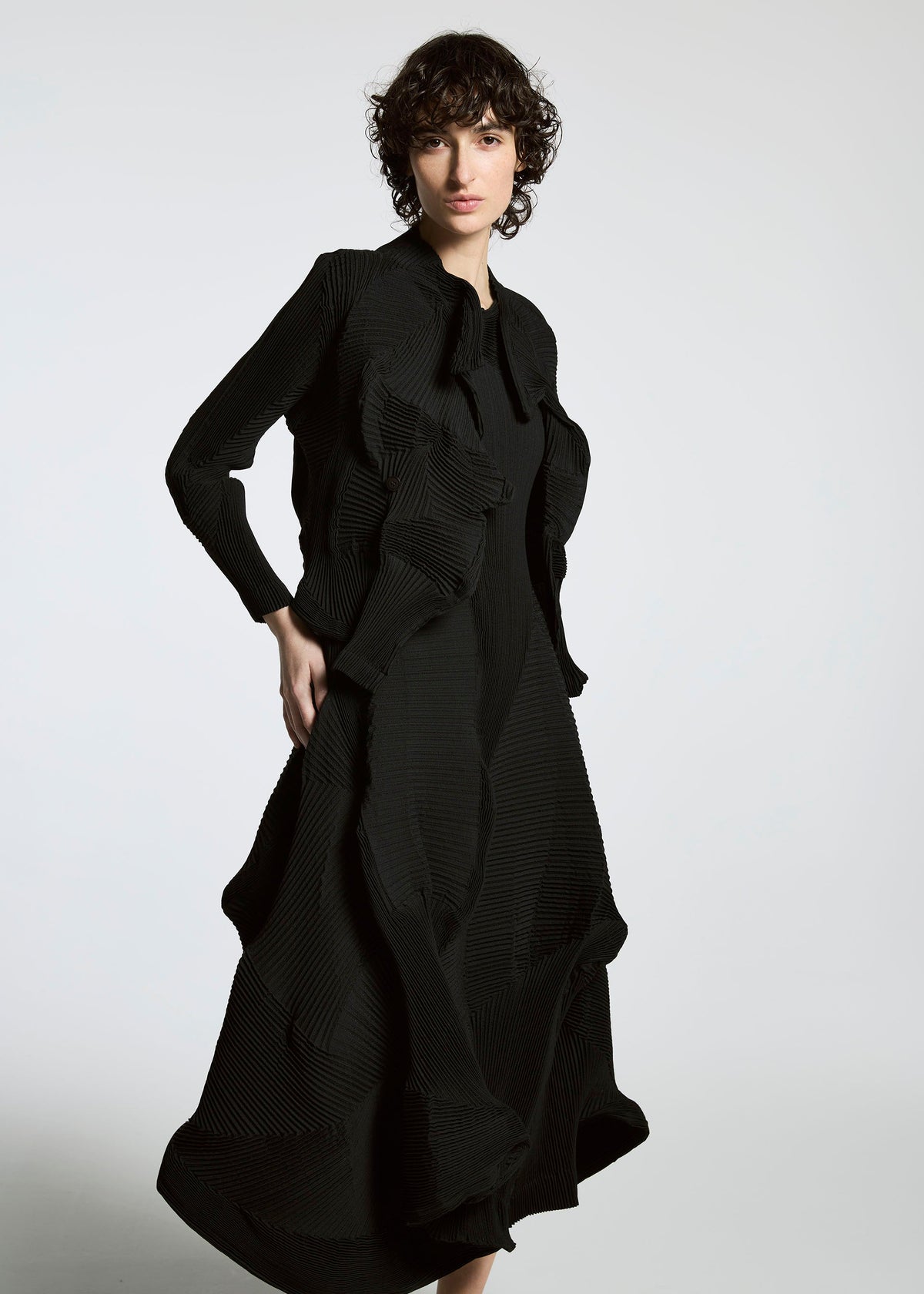 A model wears the A-Poc Able Issey Miyake TYPE I 008 jacket.