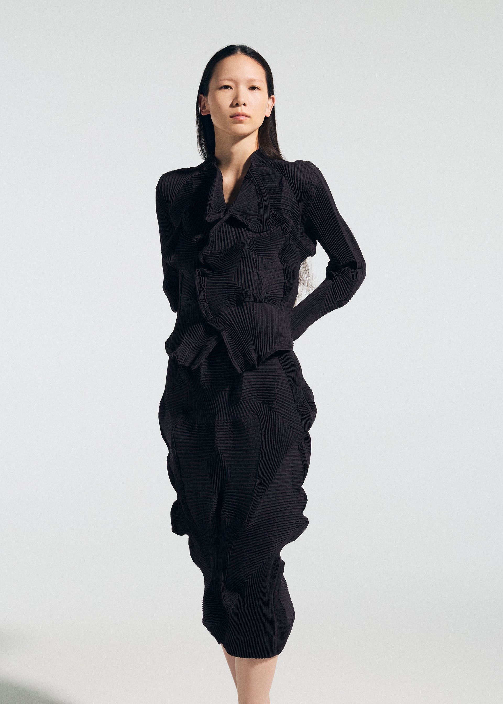 A model wears the A-POC ABLE ISSEY MIYAKE TYPE-O 022 type-o-022-skirt-lime-green.