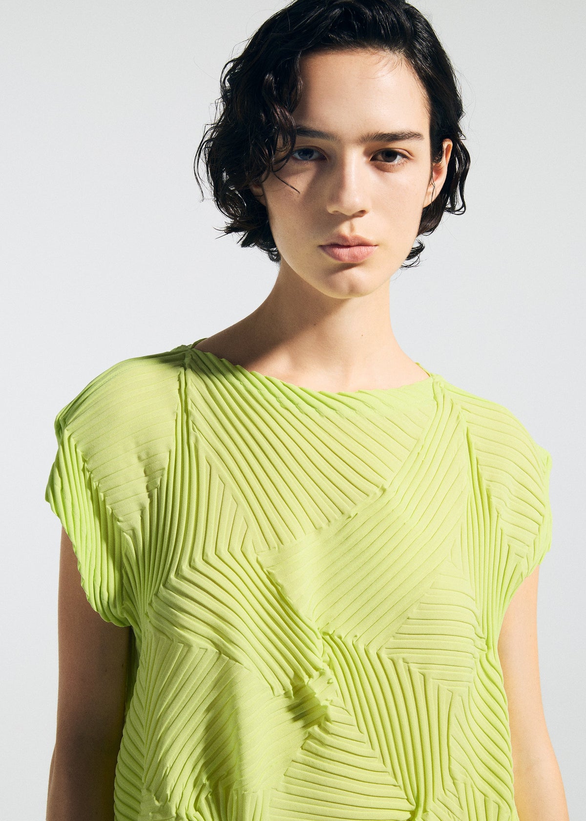 A model wears the A-POC ABLE ISSEY MIYAKE TYPE-P 003-2 type-p-003-2-dress-lime-green.
