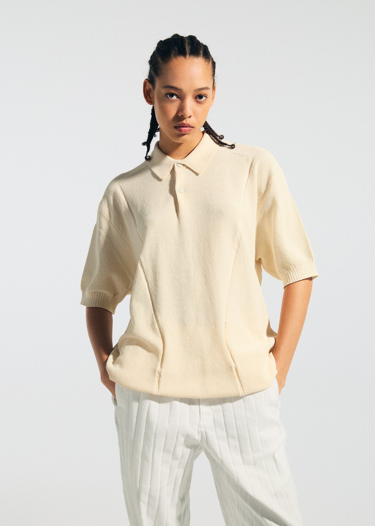A model wears the A-POC ABLE ISSEY MIYAKE TYPE-K 003-2 type-k-003-2-shirt-off-white.