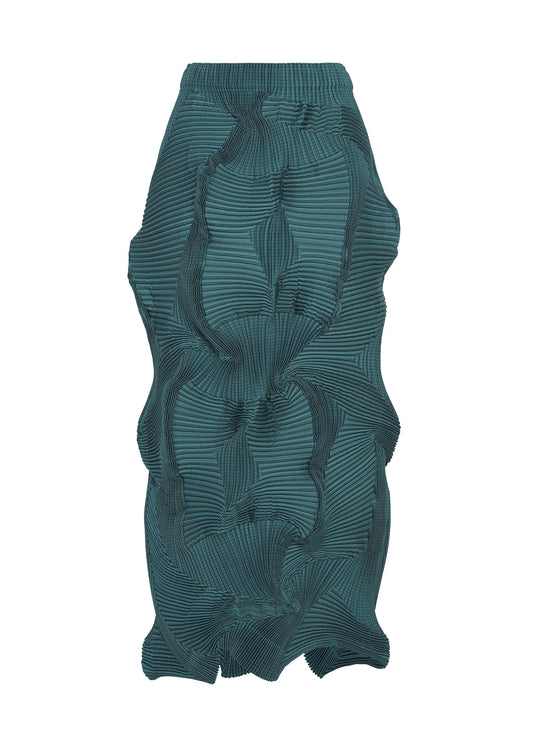 A product shot of the A-POC ABLE ISSEY MIYAKE TYPE-O 003-1 skirt in turquoise green.