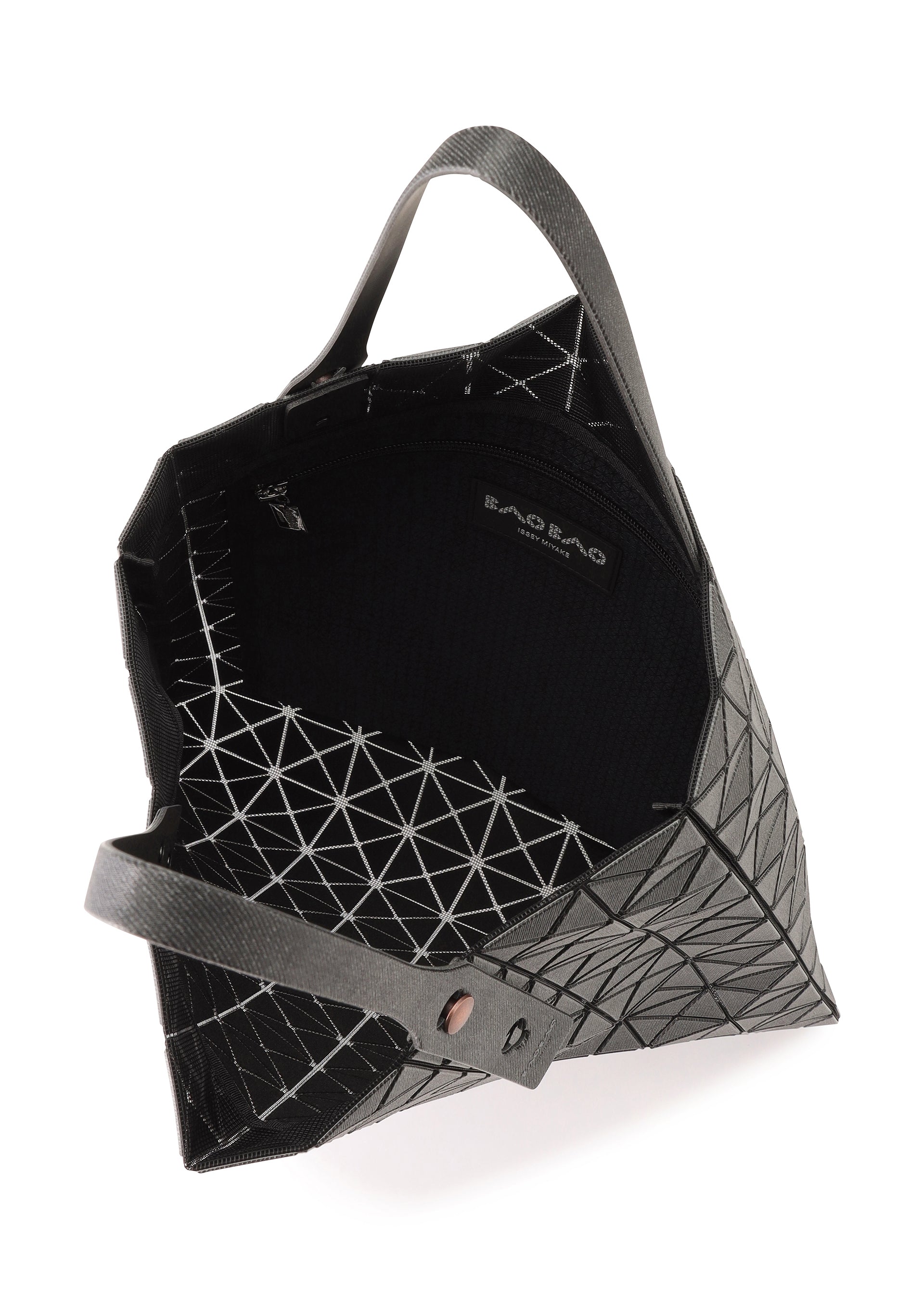 A detail shot of the BAO BAO ISSEY MIYAKE PRISM DENIM tote bag.