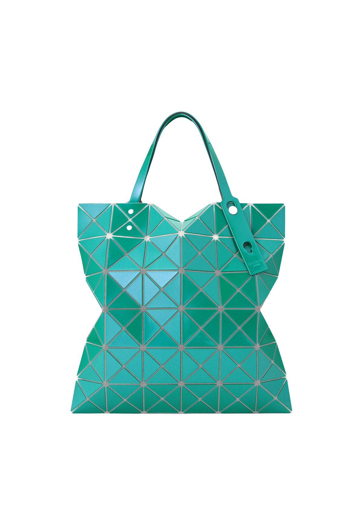 A product shot of the BAOBAO ISSEY MIYAKE LUCENT FLAP tote bag(6*6) in green (64), recurring_style.