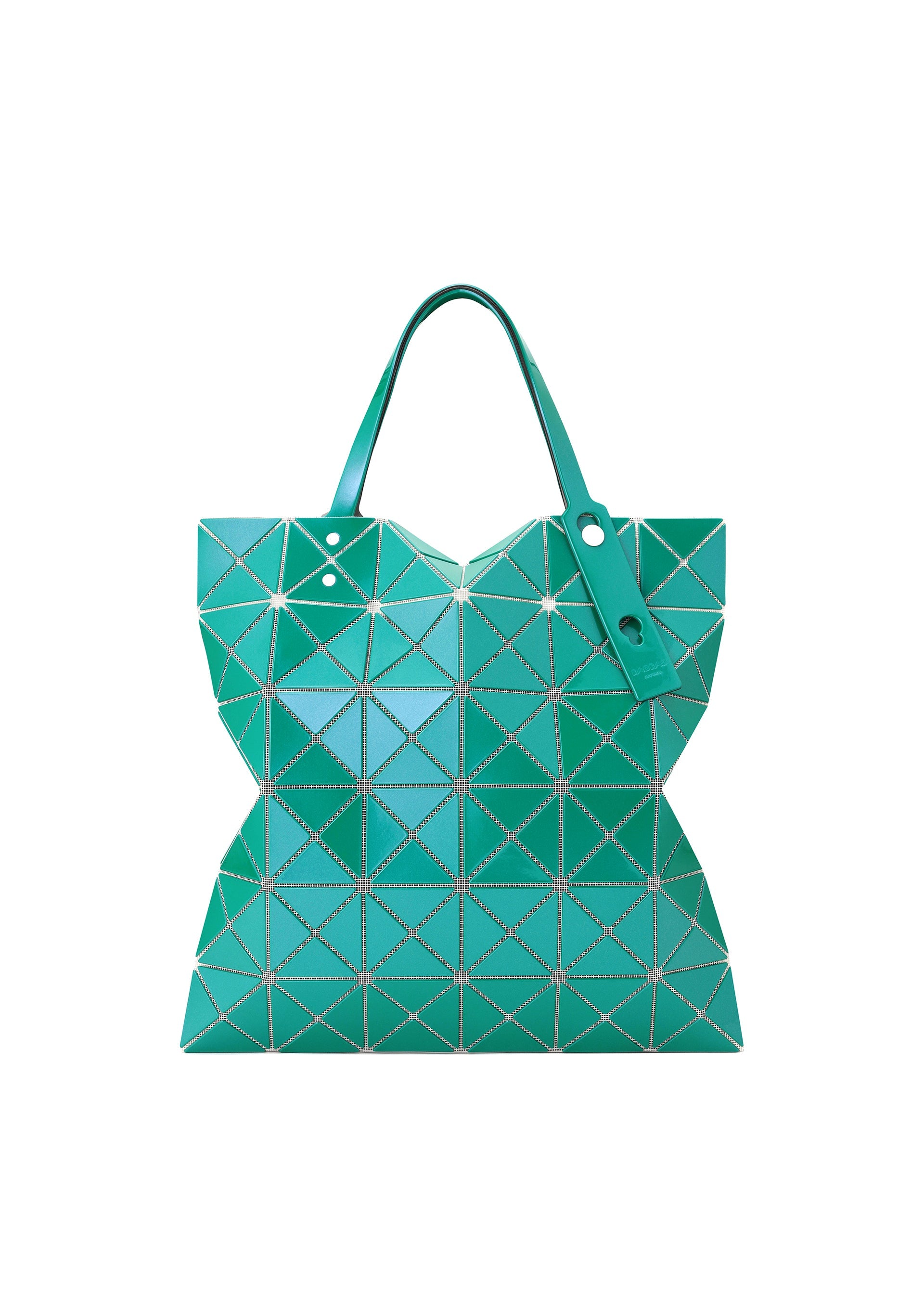 A product shot of the BAOBAO ISSEY MIYAKE LUCENT FLAP tote bag(6*6) in green (64), recurring_style.