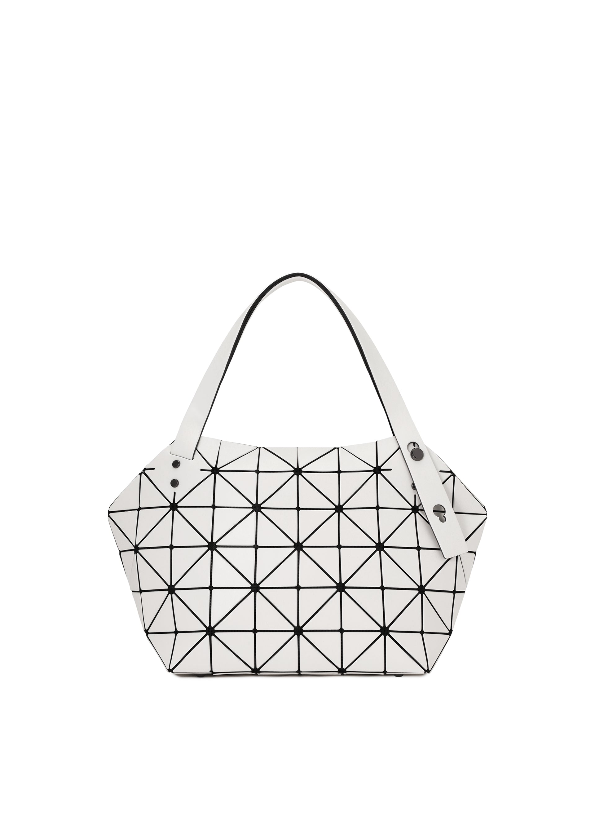 A product shot of the BAO BAO ISSEY MIYAKE BOSTON hand bag in off white.