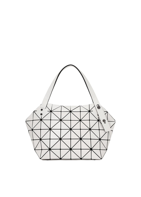 A product shot of the BAO BAO ISSEY MIYAKE BOSTON hand bag in off white.