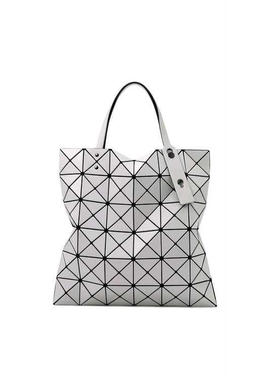 A product shot of the BAO BAO ISSEY MIYAKE LUCENT MATTE tote bag in light gray.