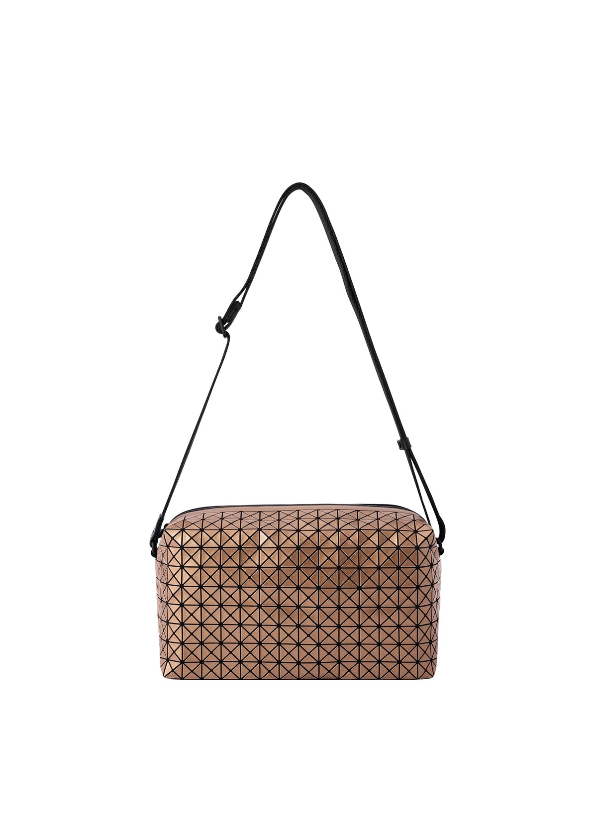 A product shot of the BAO BAO ISSEY MIYAKE SADDLE BAG REFLECTOR shoulder bag in copper brown.