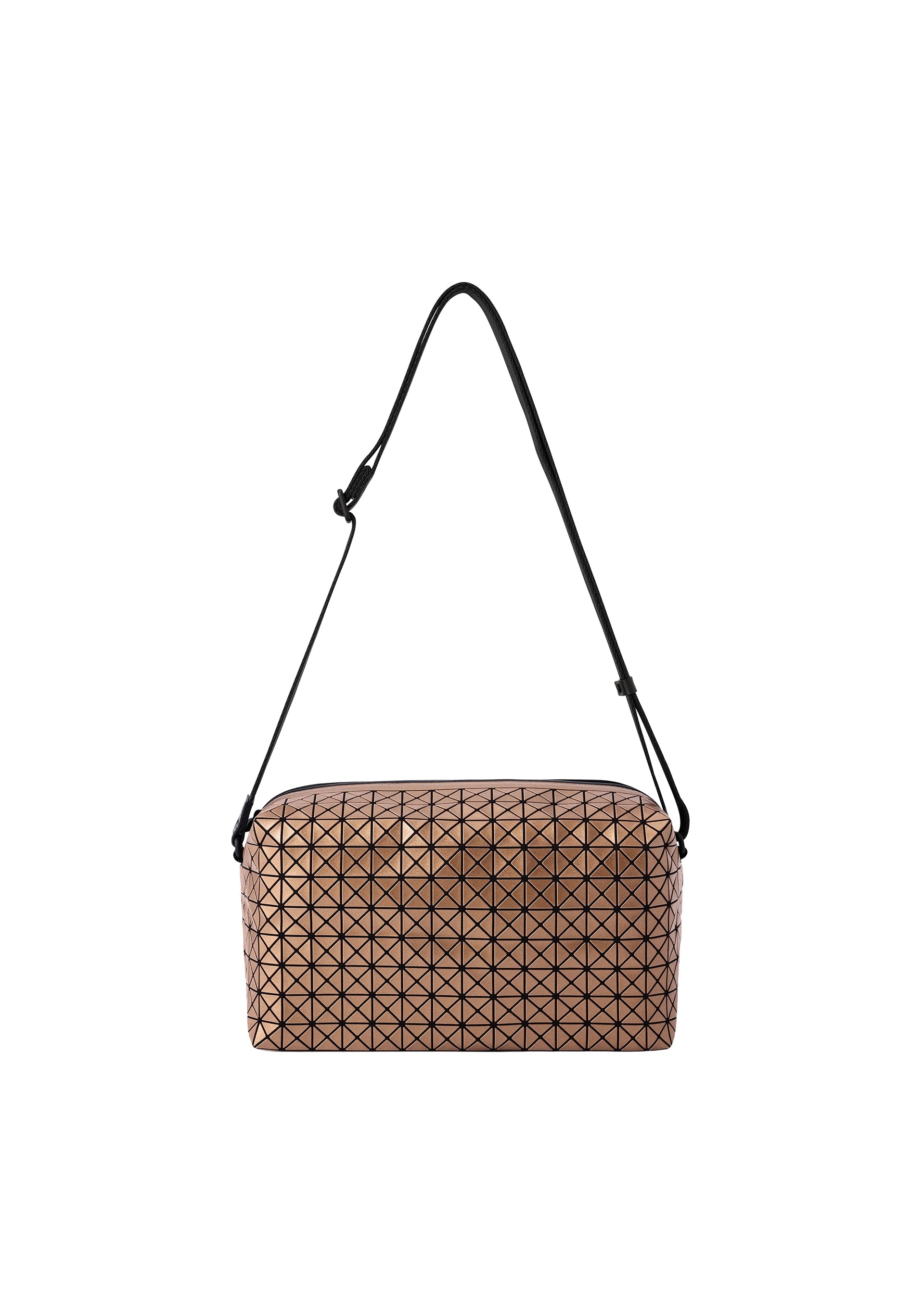 A product shot of the BAO BAO ISSEY MIYAKE SADDLE BAG REFLECTOR shoulder bag in copper brown.