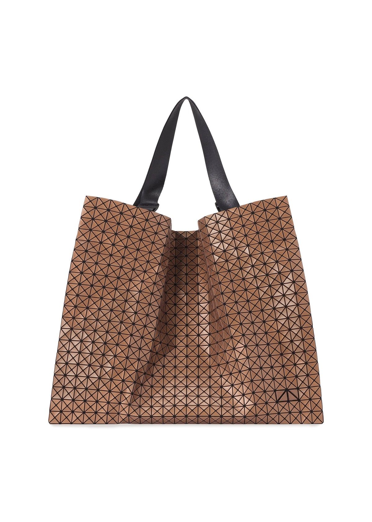 A product shot of the BAO BAO ISSEY MIYAKE CART REFLECTOR tote bag in copper brown.