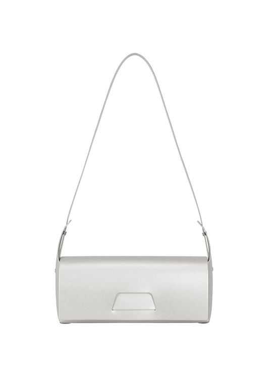 A product shot of the GOOD GOODS ISSEY MIYAKE BOX bag in silver.