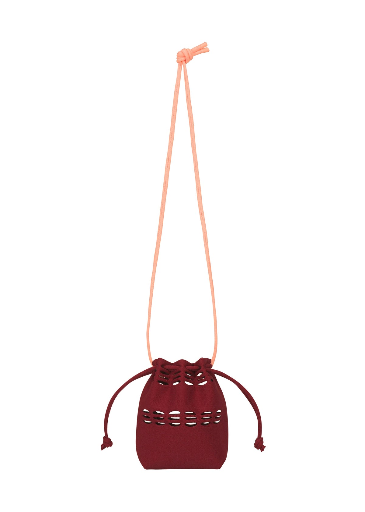 A product shot of the GOOD GOODS ISSEY MIYAKE MOKKO POCKET BI-COLOR bag in bordeaux.