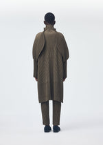 A model wears the Homme Plisse Issey Miyake WOOL LIKE LIGHT coat.