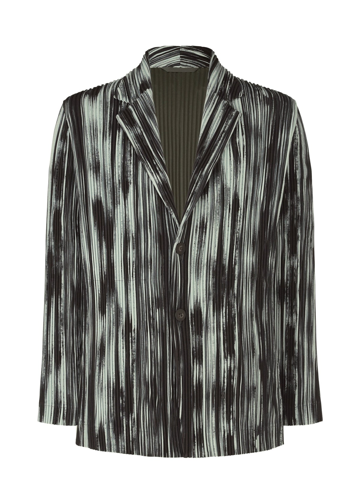 A product shot of the HOMME PLISSÉ ISSEY MIYAKE BRUSHSTROKE STRIPE jacket in black (15).
