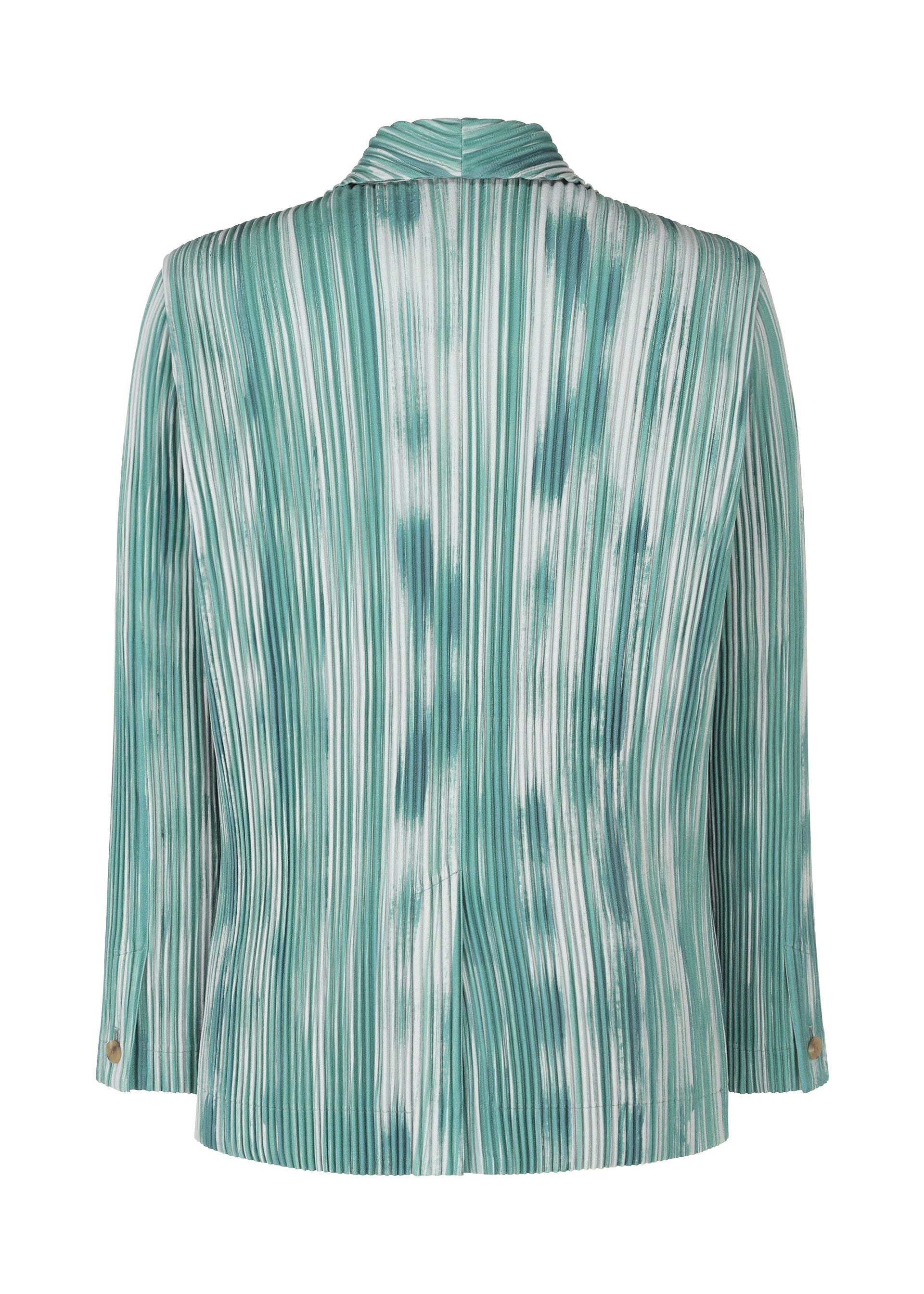 A detail shot of the HOMME PLISSÉ ISSEY MIYAKE BRUSHSTROKE STRIPE jacket.