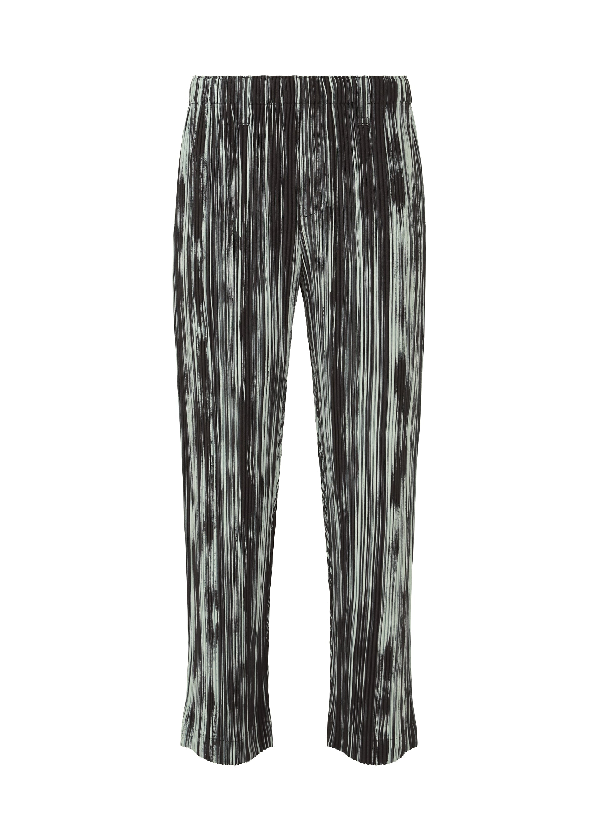 A product shot of the HOMME PLISSÉ ISSEY MIYAKE BRUSHSTROKE STRIPE trousers in black (15).