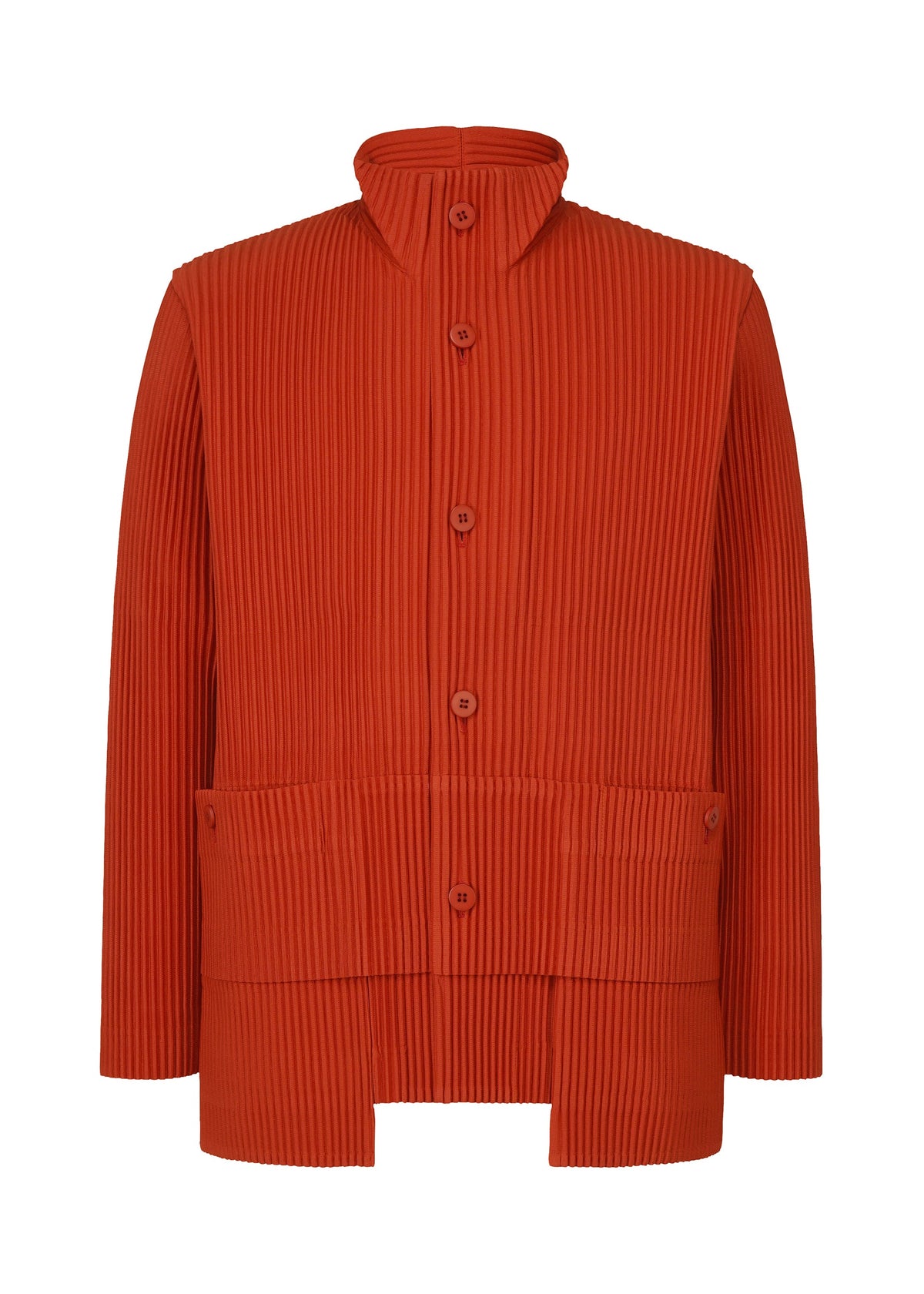 A product shot of the HOMME PLISSÉ ISSEY MIYAKE MULTI POCKET jacket in jasper red (25).