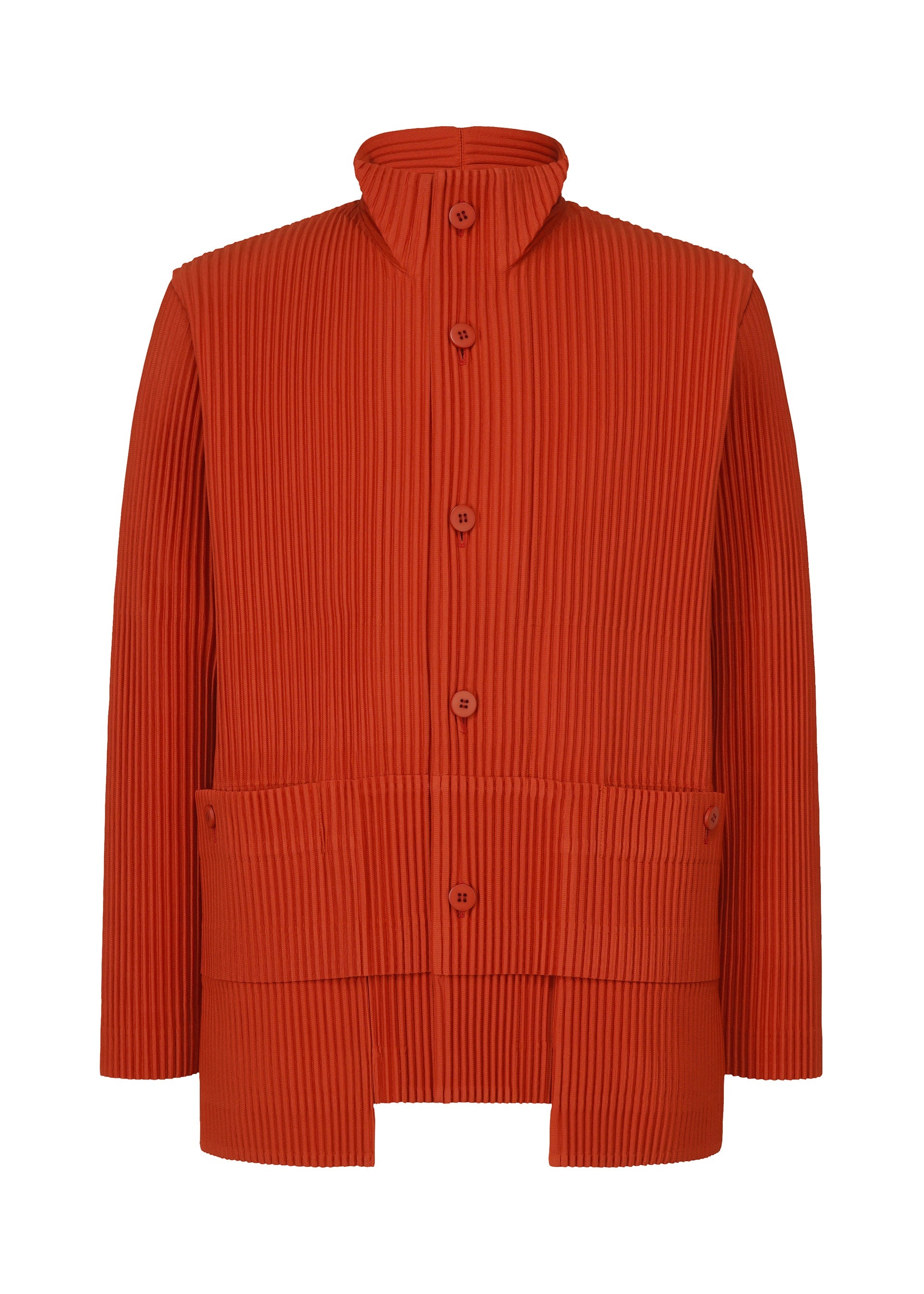 A product shot of the HOMME PLISSÉ ISSEY MIYAKE MULTI POCKET jacket in jasper red (25).