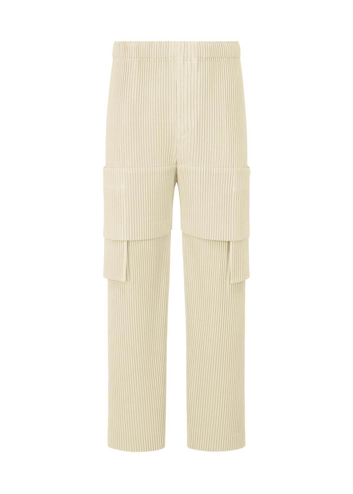 A product shot of the HOMME PLISSÉ ISSEY MIYAKE MULTI POCKET trousers in limestone white (04).