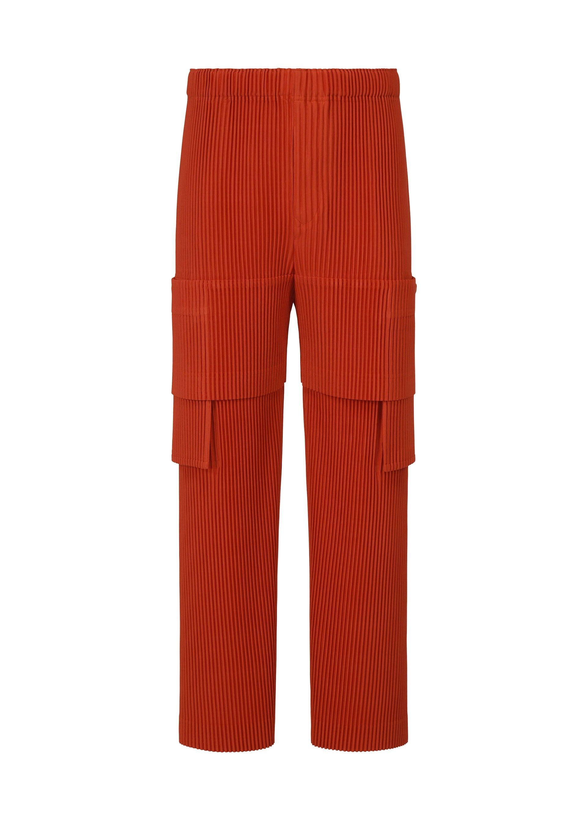A product shot of the HOMME PLISSÉ ISSEY MIYAKE MULTI POCKET trousers in jasper red (25).