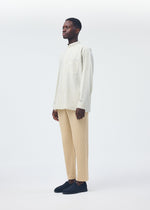 A model wears the Homme Plisse Issey Miyake STRIPE JERSEY SHIRT prêt à porter.