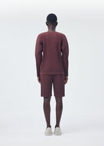 A model wears the HOMME PLISSÉ ISSEY MIYAKE COLOR PLEATS top.