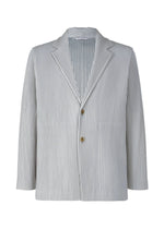 A product shot of the HOMME PLISSÉ ISSEY MIYAKE BASICS jacket in light gray.