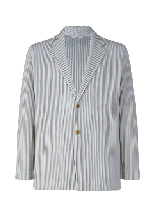 A product shot of the HOMME PLISSÉ ISSEY MIYAKE BASICS jacket in light gray.