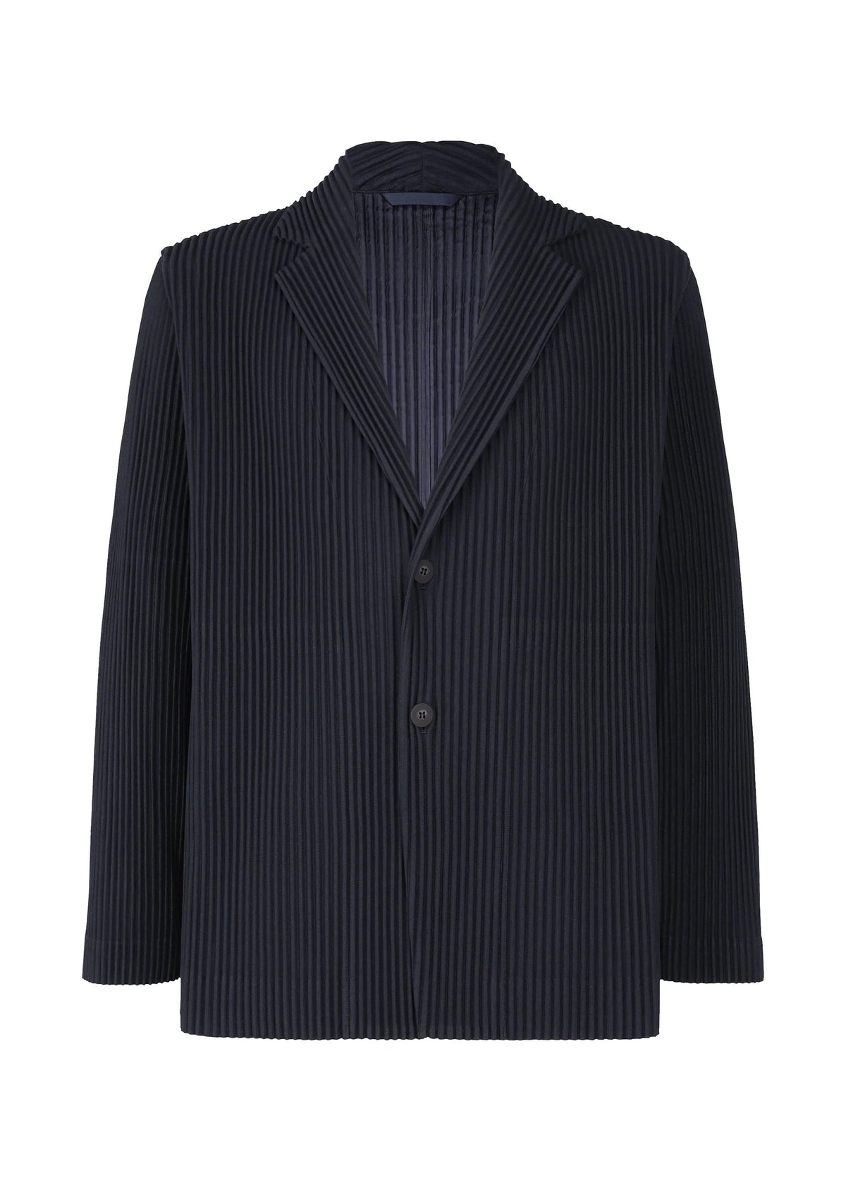 A product shot of the HOMME PLISSÉ ISSEY MIYAKE BASICS jacket in navy.