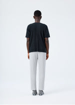 A model wears the HOMME PLISSÉ ISSEY MIYAKE BASICS basics-trousers-navy-2-fw26.