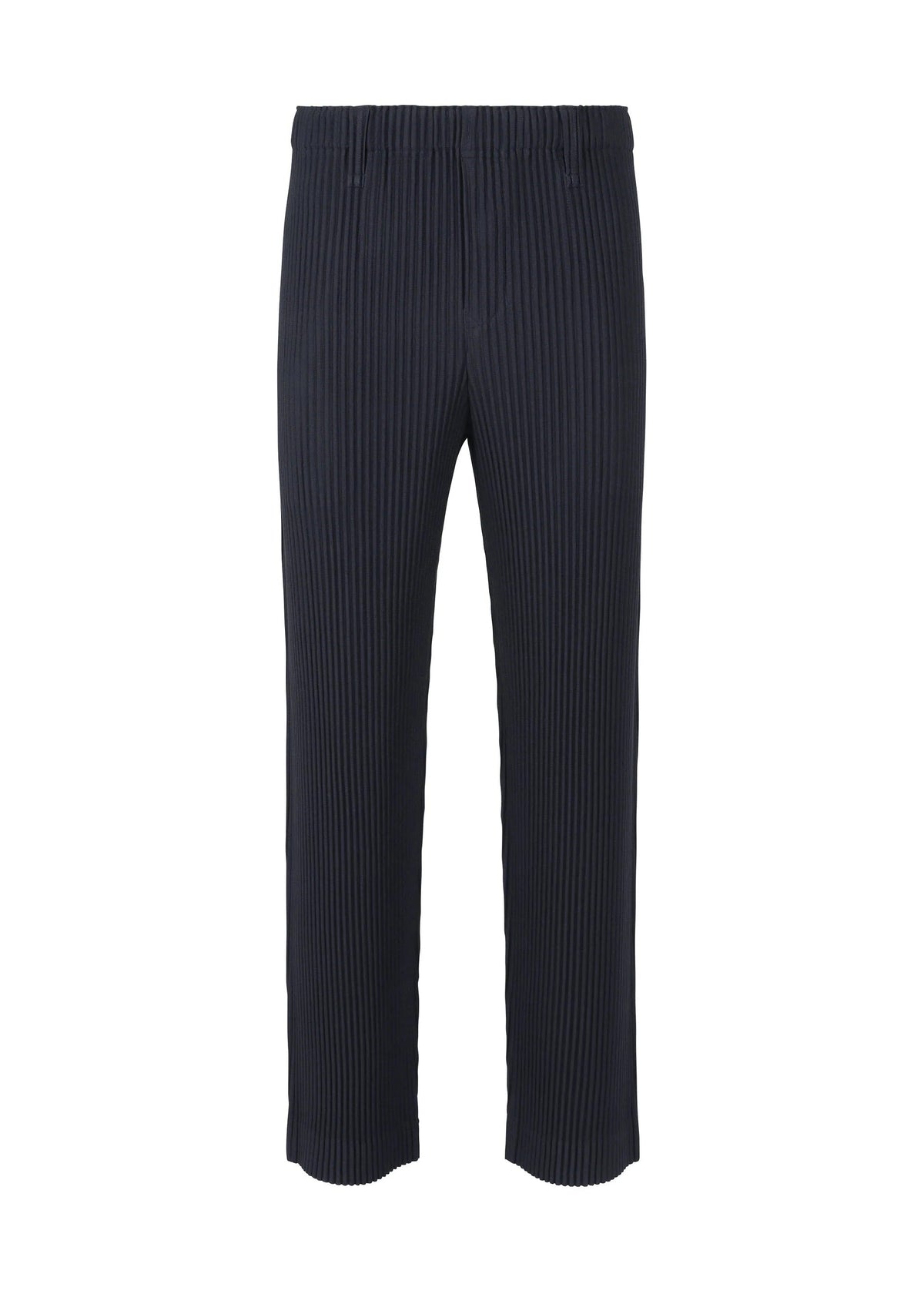 A product shot of the HOMME PLISSÉ ISSEY MIYAKE BASICS trousers in navy.