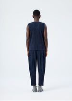 A model wears the HOMME PLISSÉ ISSEY MIYAKE BASICS basics-trousers-navy-5-fw26.