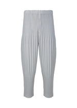 A product shot of the HOMME PLISSÉ ISSEY MIYAKE BASICS trousers in light gray.