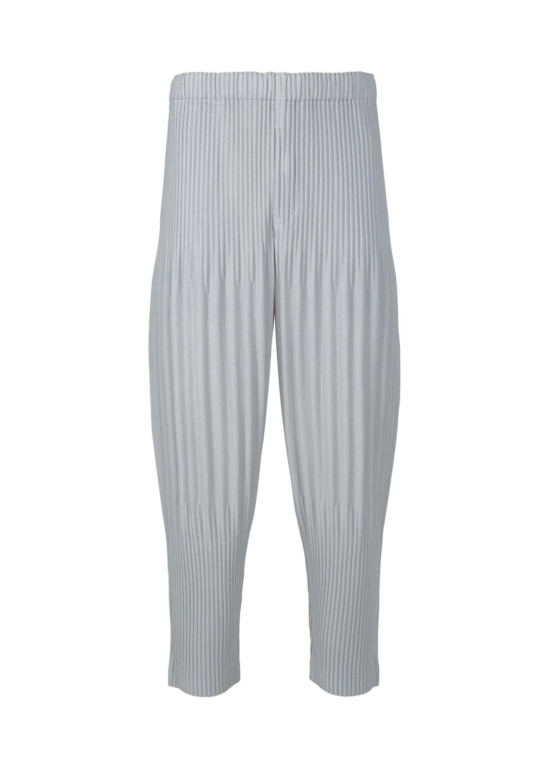 A product shot of the HOMME PLISSÉ ISSEY MIYAKE BASICS trousers in light gray.