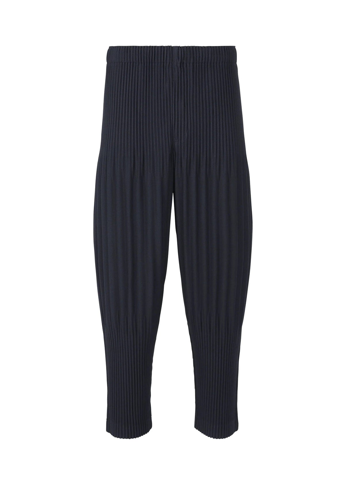 A product shot of the HOMME PLISSÉ ISSEY MIYAKE BASICS trousers in navy.
