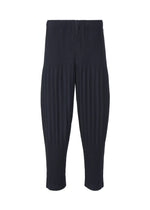 A product shot of the HOMME PLISSÉ ISSEY MIYAKE BASICS trousers in navy.