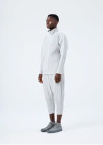 A model wears the HOMME PLISSÉ ISSEY MIYAKE BASICS basics-zipup-cardigan-light-grey.