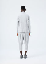 A model wears the HOMME PLISSÉ ISSEY MIYAKE BASICS basics-zipup-cardigan-light-grey.